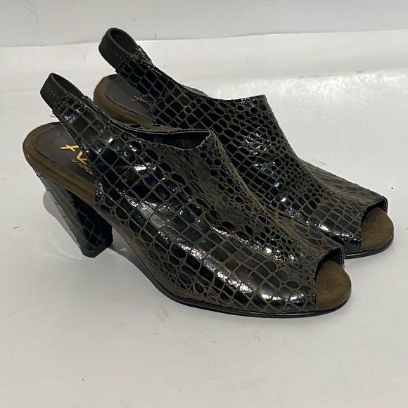 A2 by Aerosoles Women's Viva Black Tan Croc Peep Toe Slingback Heels Size 6M - Picture 1 of 9